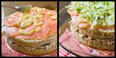 Бутербродный торт с копченым лососем и муссом из сельди