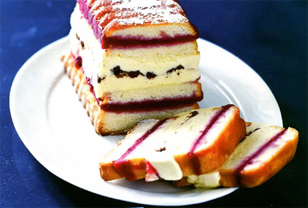 Рецепт Полосатый холодный торт c малиновым сорбетом и ванильным мороженым. Приготовление 

блюда